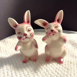 Vintage Japan Bunny Rabbit Salt and Pepper Shaker Pink and White Glazed Ceramic